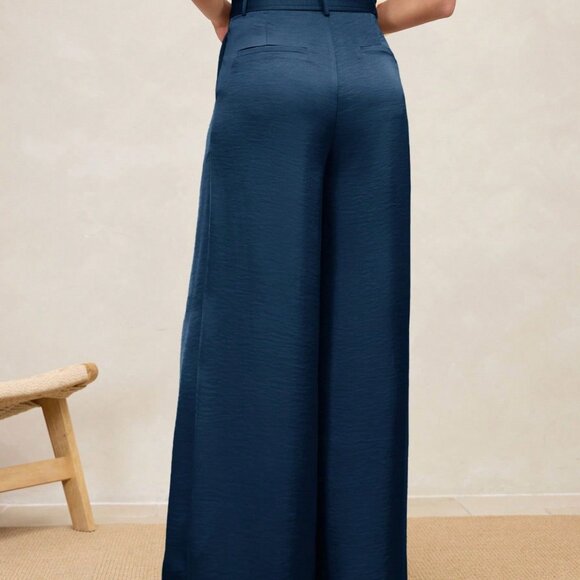 Blue Casual Women's High-Waisted Satin Pleated Wide Leg Elegant Long Pants - Picture 2 of 6